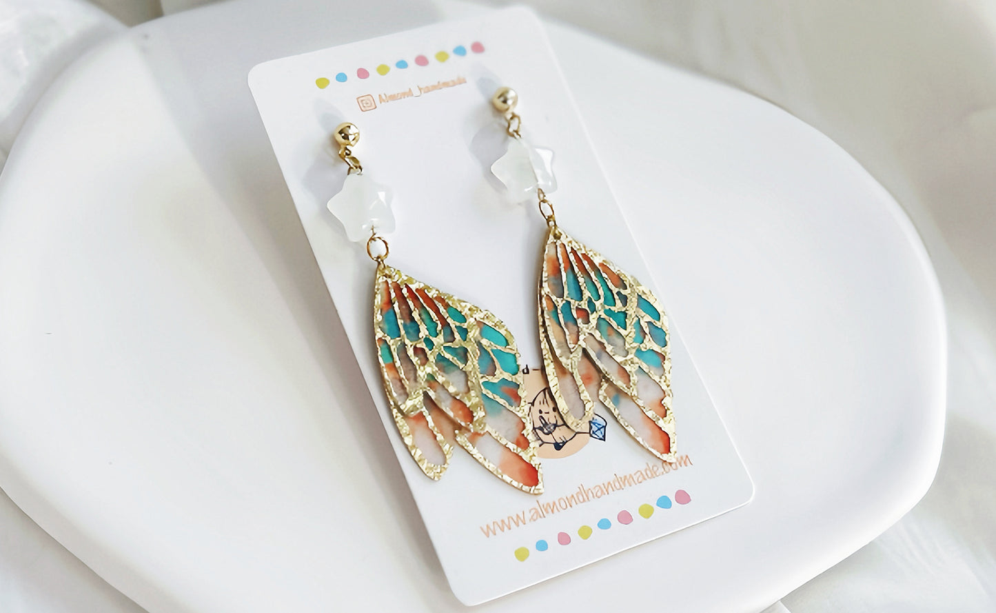 Angel Wings Earrings with Crystal Star Coral
