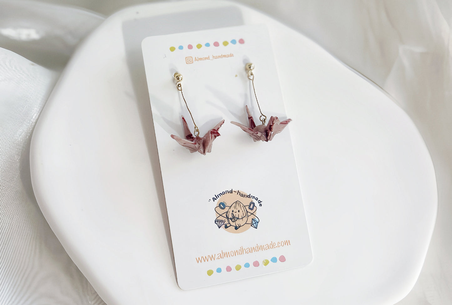 Origami Paper Crane Earrings Cherry