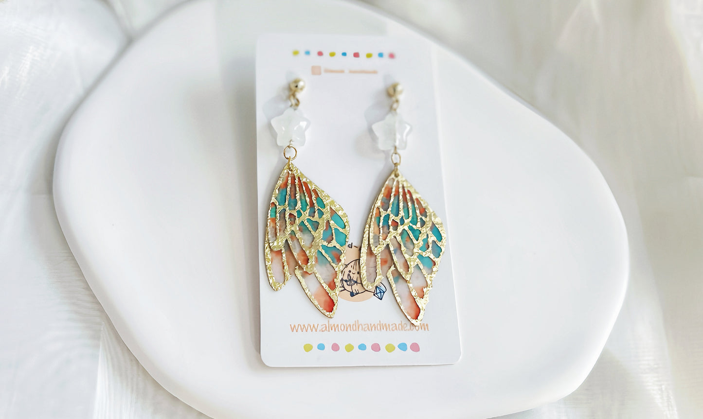 Angel Wings Earrings with Crystal Star Coral