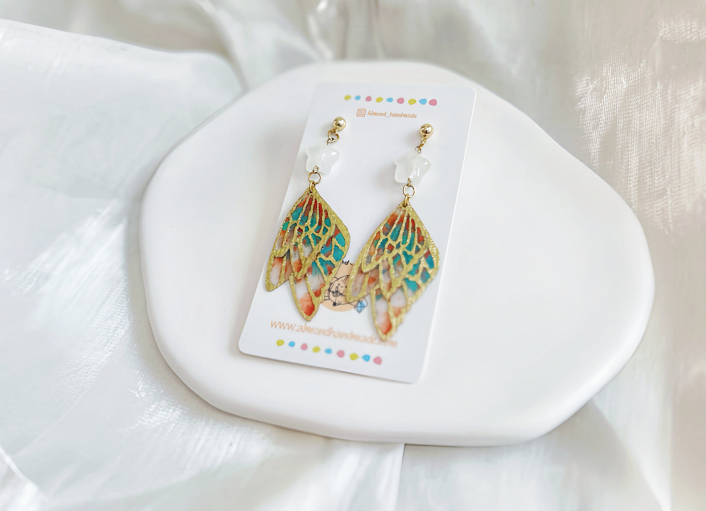 Angel Wings Earrings with Crystal Star Coral