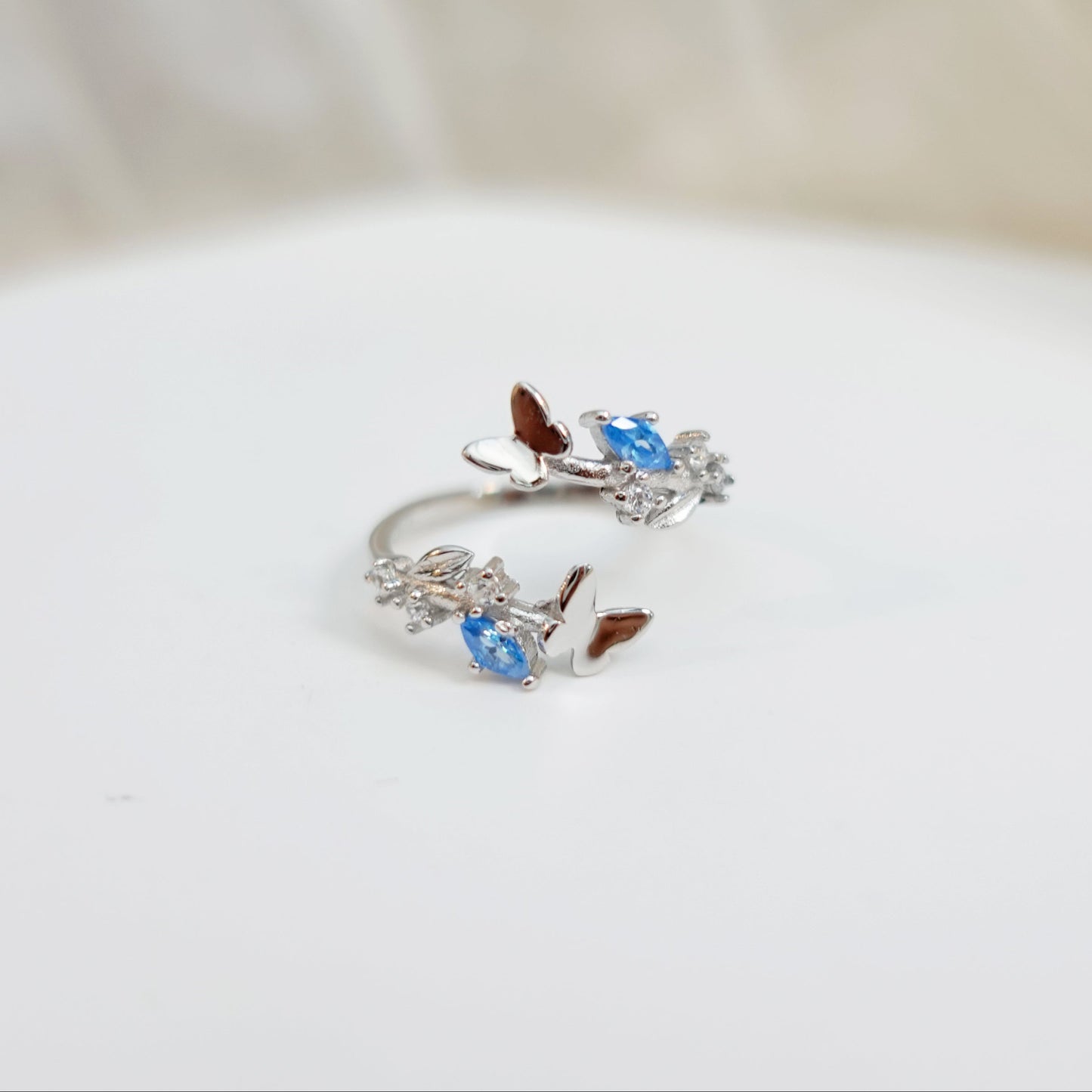 Adjustable Silver Sapphire Butterfly Embrace Ring