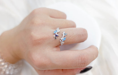 Adjustable Silver Sapphire Butterfly Embrace Ring
