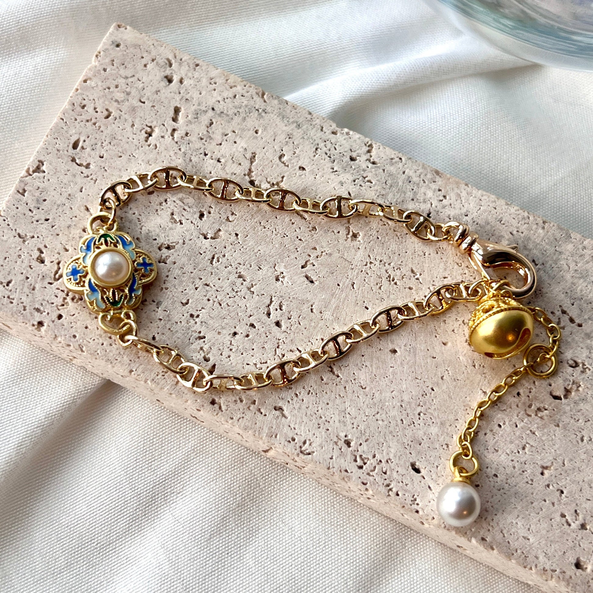 Chinese Enamel on 14k Gold-plated Cloisonne Enamel Sterling Silver Art Jewelry Good Luck Gifts/ Elegant Gift for Her/ Good Fortune/ Handmade Bracelet/ Anniversary Gift