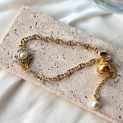 Chinese Enamel on 14k Gold-plated Cloisonne Enamel Sterling Silver Art Jewelry Good Luck Gifts/ Elegant Gift for Her/ Good Fortune/ Handmade Bracelet/ Anniversary Gift