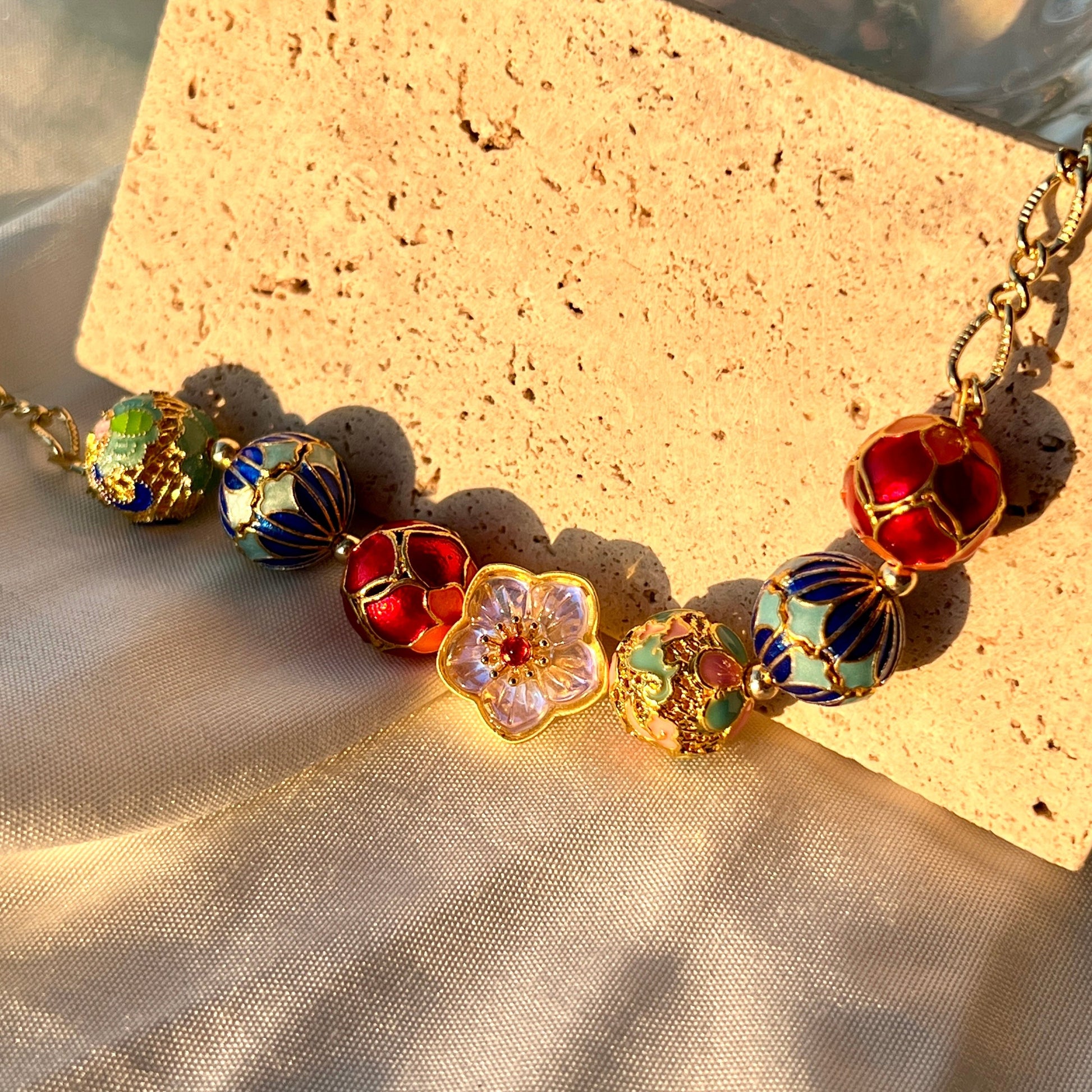 Chinese Enamel on 14k Gold-plated Cloisonne Enamel Sterling Silver Art Jewelry Good Luck Gifts/ Elegant Gift for Her/ Good Fortune/ Handmade Bracelet/ Anniversary Gift