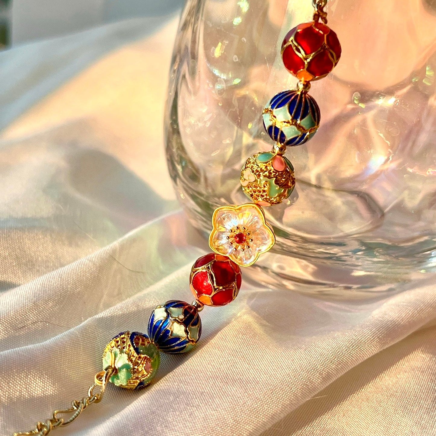 Chinese Enamel on 14k Gold-plated Cloisonne Enamel Sterling Silver Art Jewelry Good Luck Gifts/ Elegant Gift for Her/ Good Fortune/ Handmade Bracelet/ Anniversary Gift