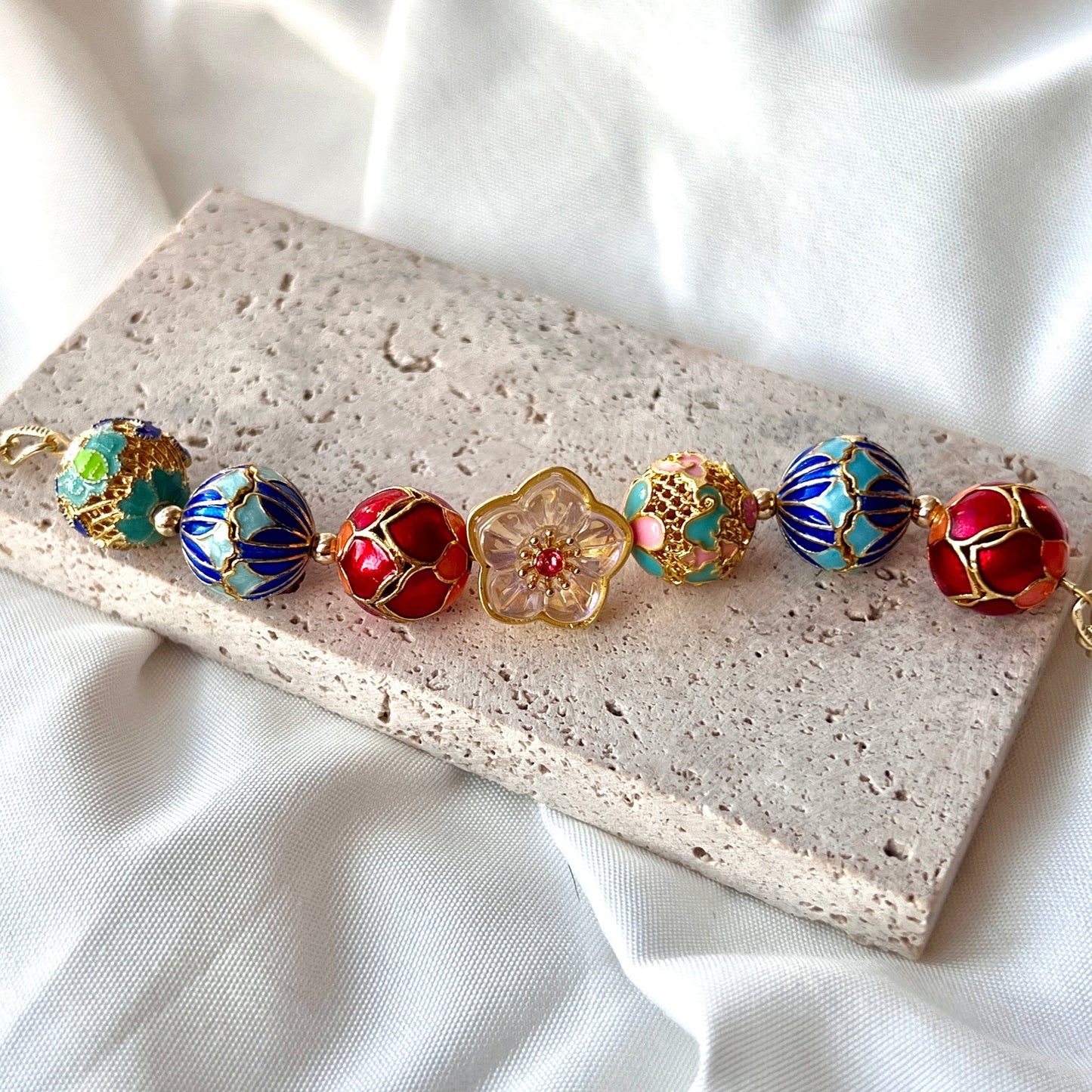 Chinese Enamel on 14k Gold-plated Cloisonne Enamel Sterling Silver Art Jewelry Good Luck Gifts/ Elegant Gift for Her/ Good Fortune/ Handmade Bracelet/ Anniversary Gift