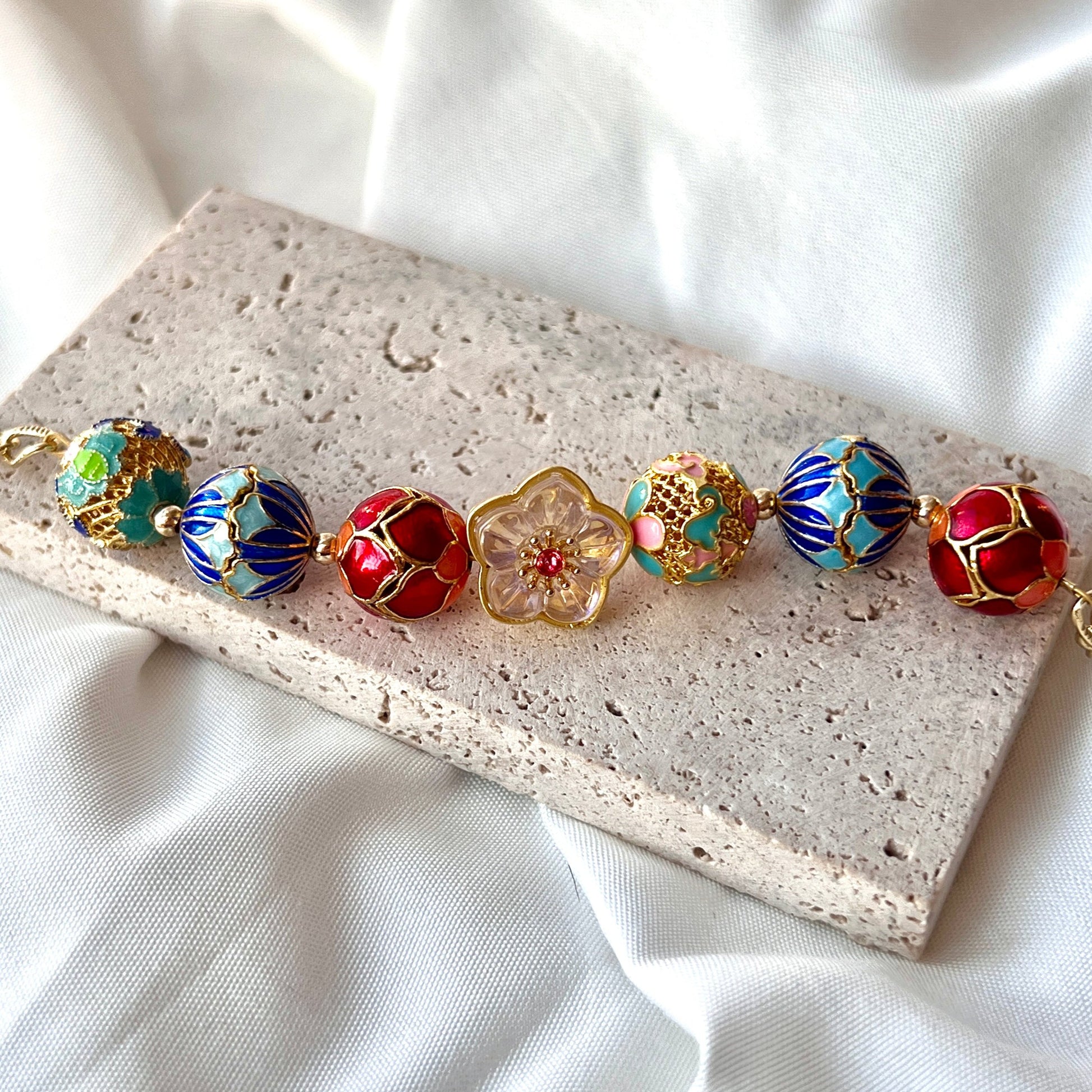 Chinese Enamel on 14k Gold-plated Cloisonne Enamel Sterling Silver Art Jewelry Good Luck Gifts/ Elegant Gift for Her/ Good Fortune/ Handmade Bracelet/ Anniversary Gift