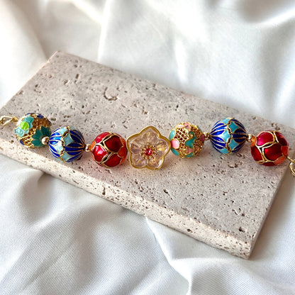 Chinese Enamel on 14k Gold-plated Cloisonne Enamel Sterling Silver Art Jewelry Good Luck Gifts/ Elegant Gift for Her/ Good Fortune/ Handmade Bracelet/ Anniversary Gift