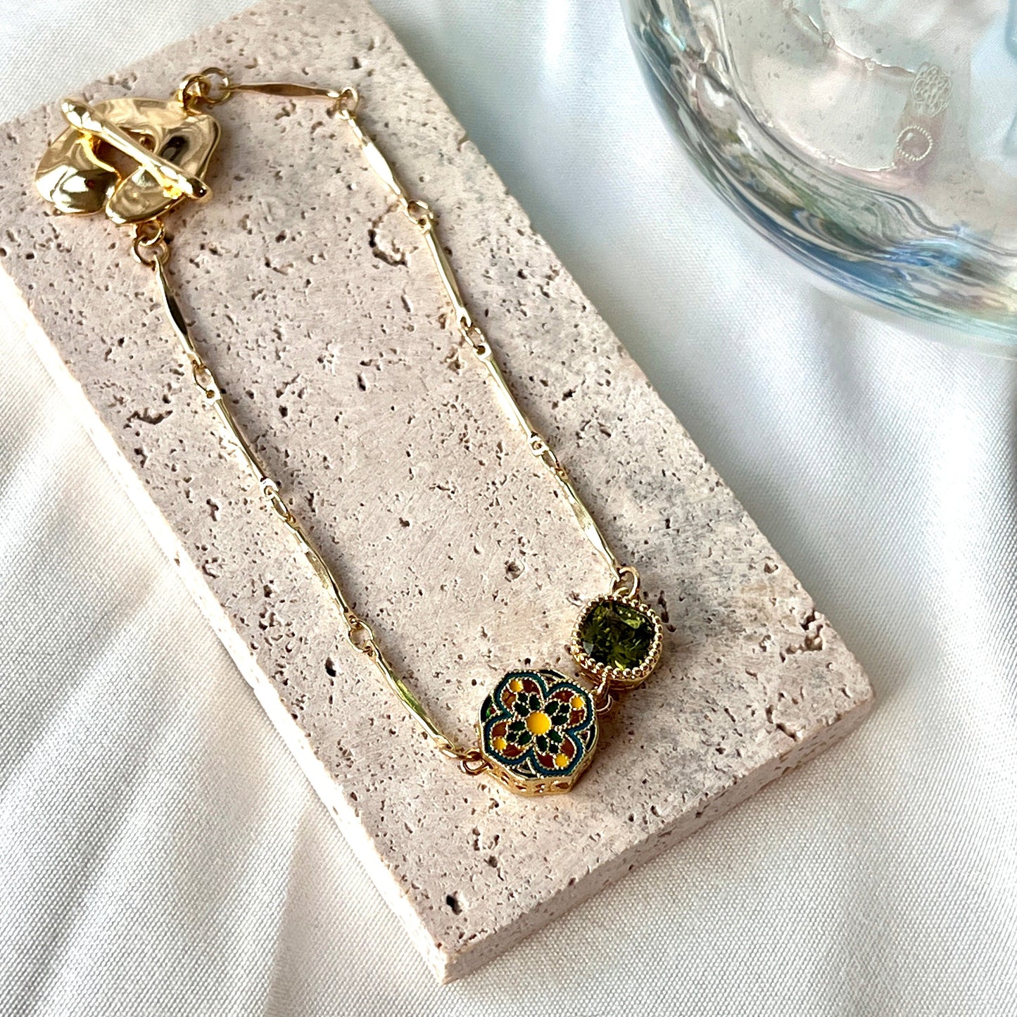 Chinese Enamel on 14k Gold-plated Cloisonne Enamel Sterling Silver Art Jewelry Good Luck Gifts/ Elegant Gift for Her/ Good Fortune/ Handmade Bracelet/ Anniversary Gift