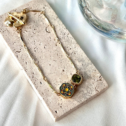 Chinese Enamel on 14k Gold-plated Cloisonne Enamel Sterling Silver Art Jewelry Good Luck Gifts/ Elegant Gift for Her/ Good Fortune/ Handmade Bracelet/ Anniversary Gift