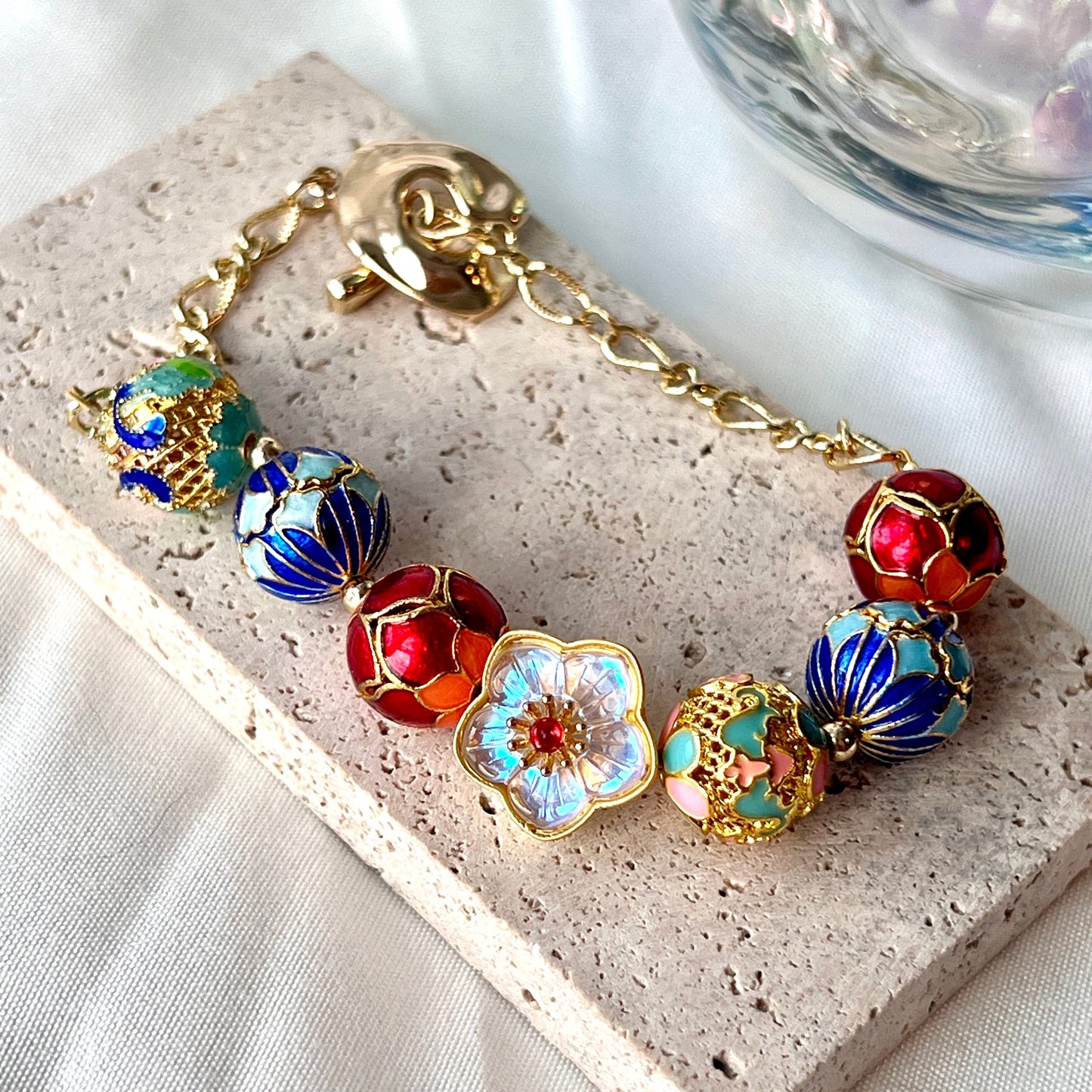 Chinese Enamel on 14k Gold-plated Cloisonne Enamel Sterling Silver Art Jewelry Good Luck Gifts/ Elegant Gift for Her/ Good Fortune/ Handmade Bracelet/ Anniversary Gift