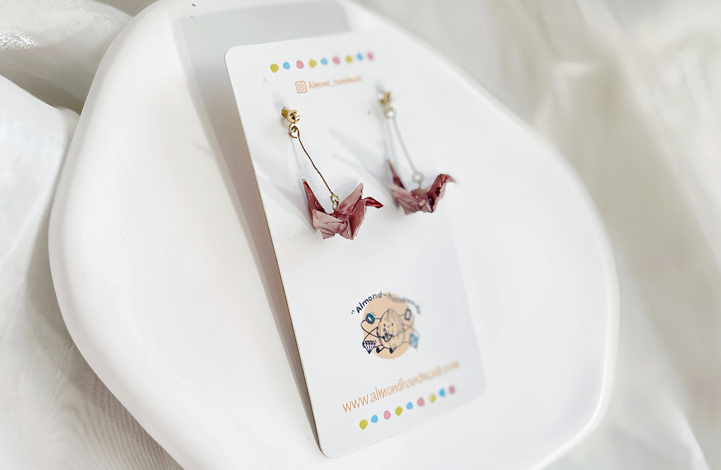 Origami Paper Crane Earrings Cherry