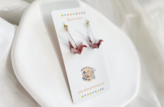 Origami Paper Crane Earrings Cherry