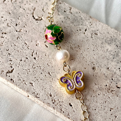 Chinese Enamel on 14k Gold-plated Cloisonne Enamel Sterling Silver Art Jewelry Good Luck Gifts/ Elegant Gift for Her/ Good Fortune/ Handmade Bracelet/ Anniversary Gift