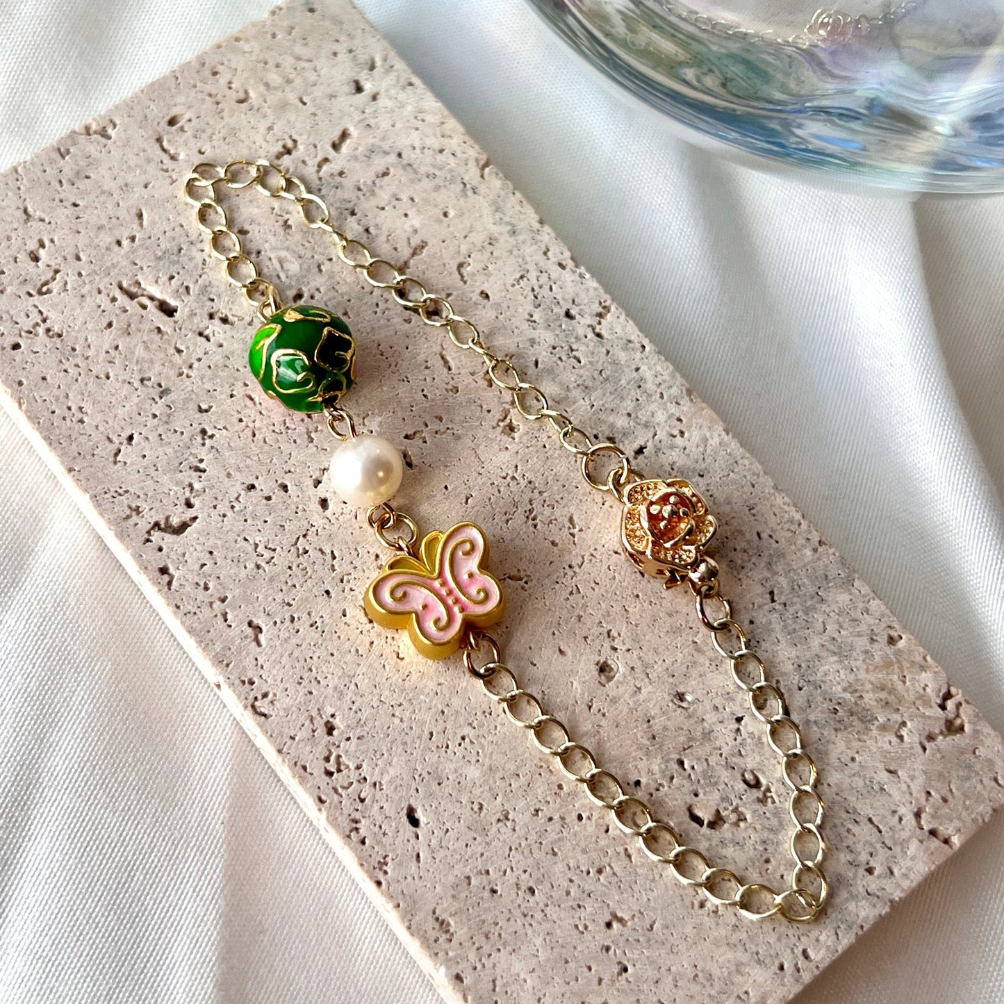 Chinese Enamel on 14k Gold-plated Cloisonne Enamel Sterling Silver Art Jewelry Good Luck Gifts/ Elegant Gift for Her/ Good Fortune/ Handmade Bracelet/ Anniversary Gift