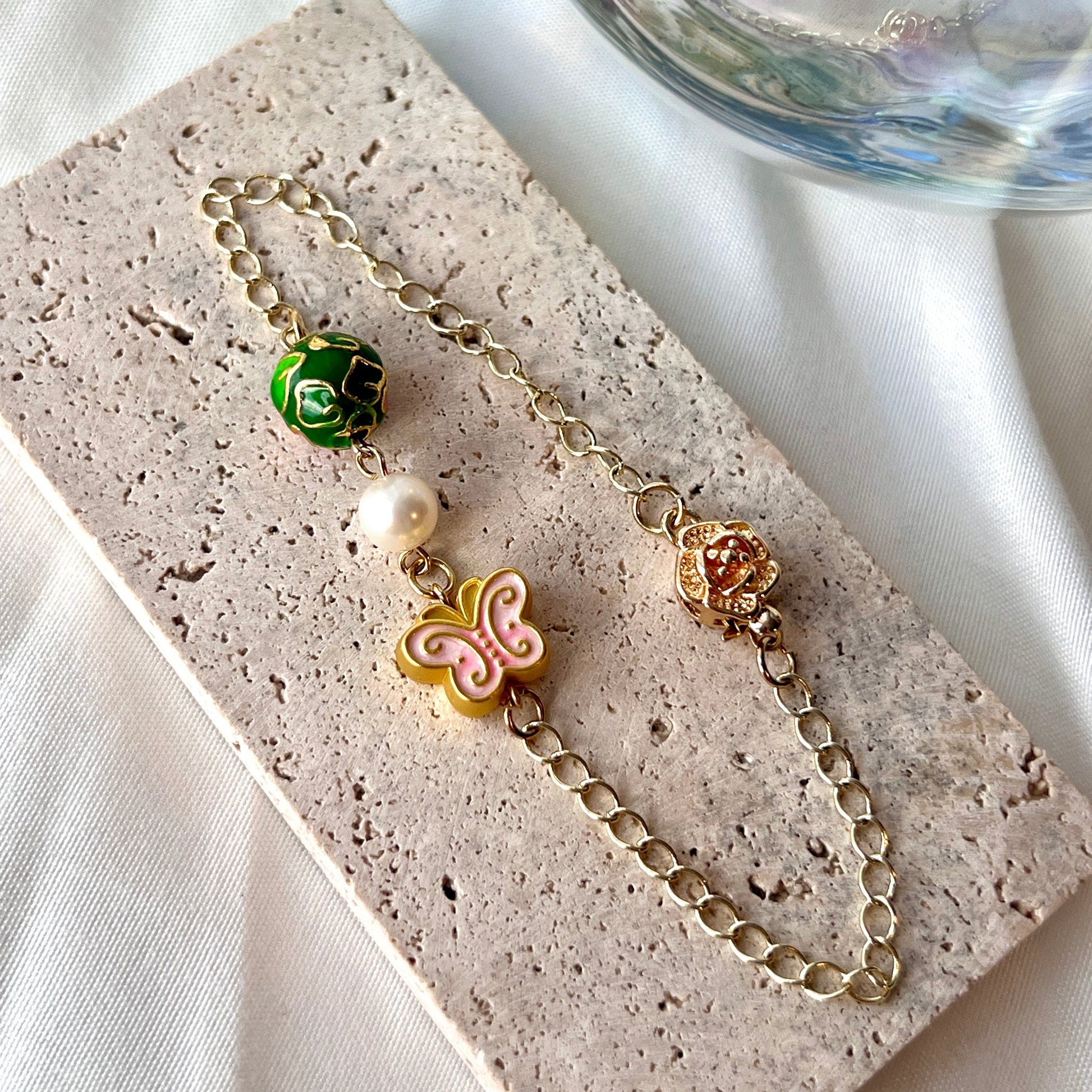 Chinese Enamel on 14k Gold-plated Cloisonne Enamel Sterling Silver Art Jewelry Good Luck Gifts/ Elegant Gift for Her/ Good Fortune/ Handmade Bracelet/ Anniversary Gift