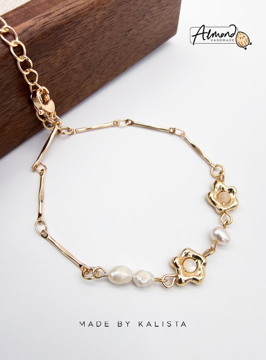 14K Real Gold Plated Fresh Water Pearl Flower Bracelet