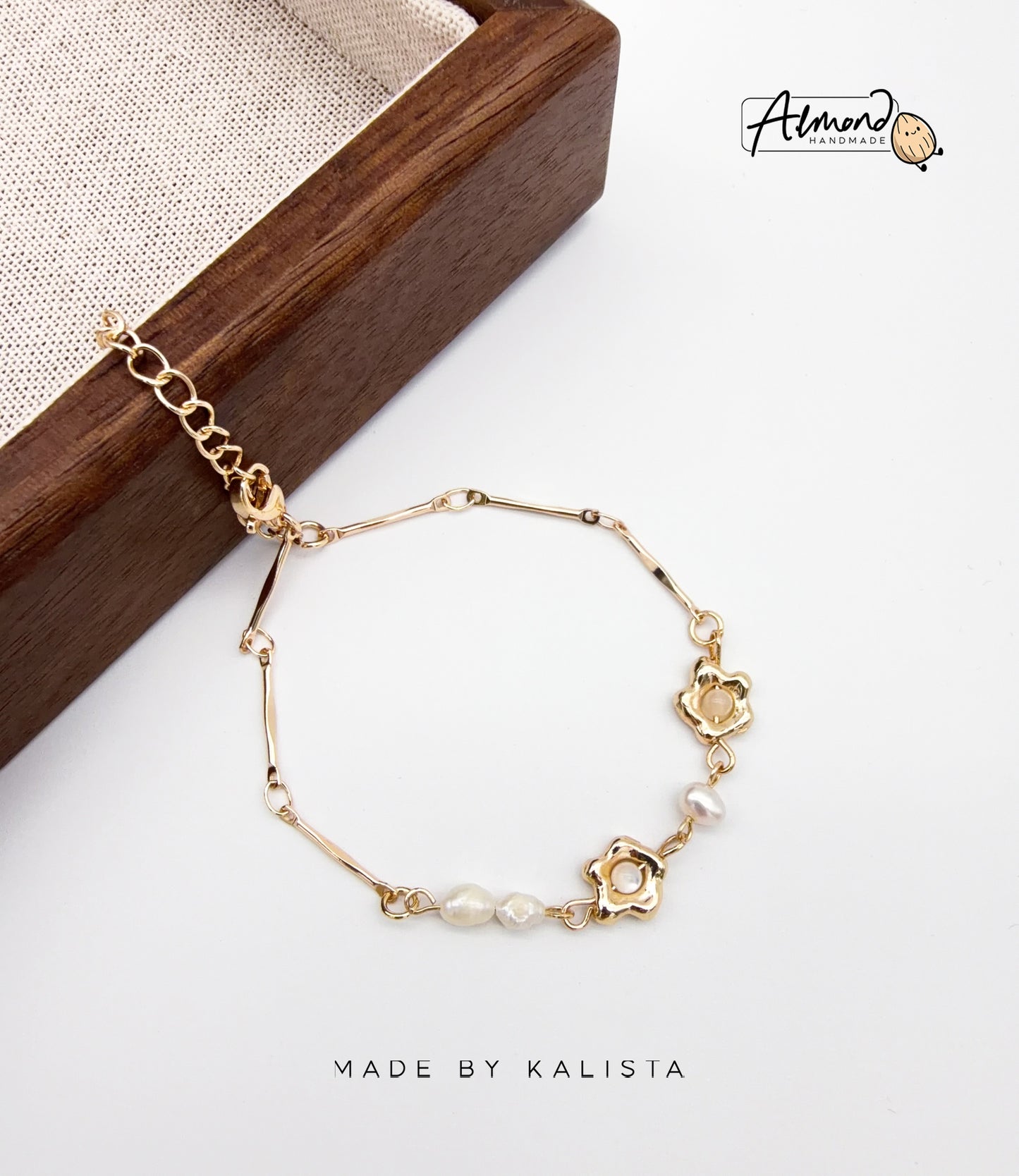 14K Real Gold Plated Fresh Water Pearl Flower Bracelet