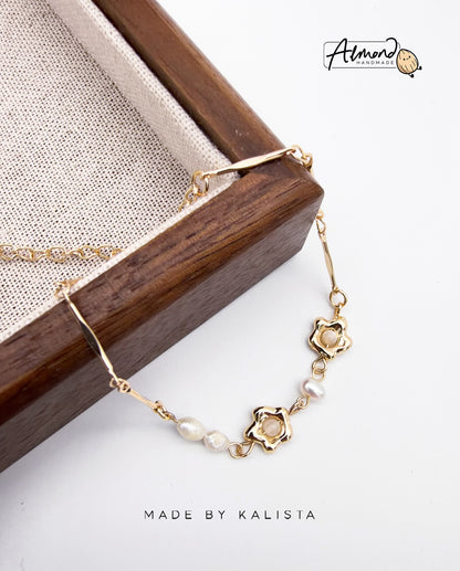 14K Real Gold Plated Fresh Water Pearl Flower Bracelet