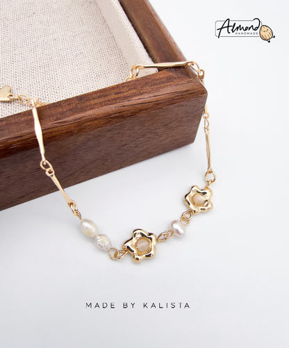 14K Real Gold Plated Fresh Water Pearl Flower Bracelet