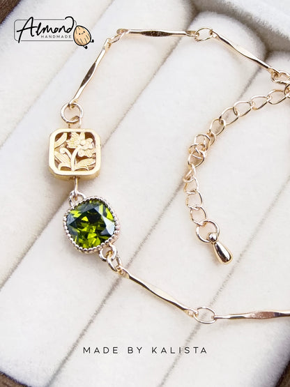 14K Real Gold Plated Olive Green Floral Bracelet