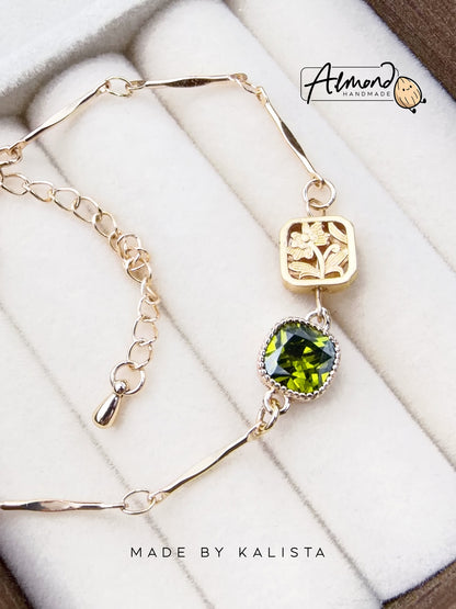 14K Real Gold Plated Olive Green Floral Bracelet
