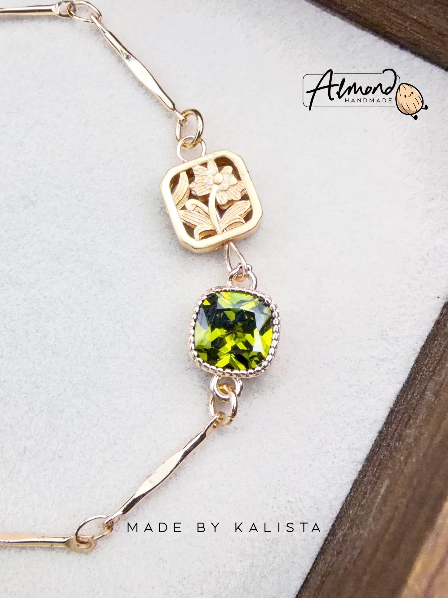 14K Real Gold Plated Olive Green Floral Bracelet
