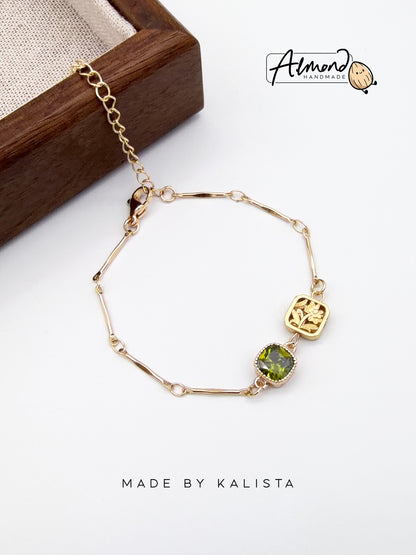 14K Real Gold Plated Olive Green Floral Bracelet