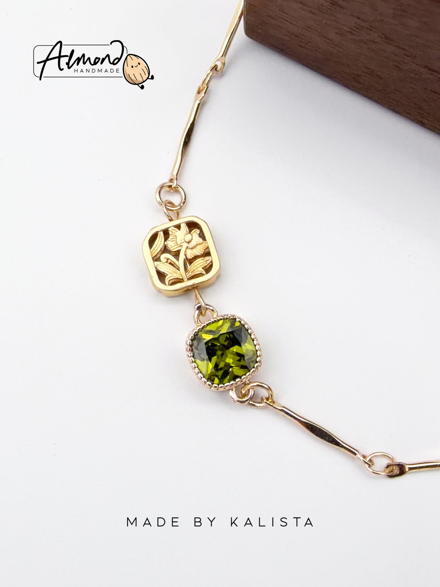 14K Real Gold Plated Olive Green Floral Bracelet