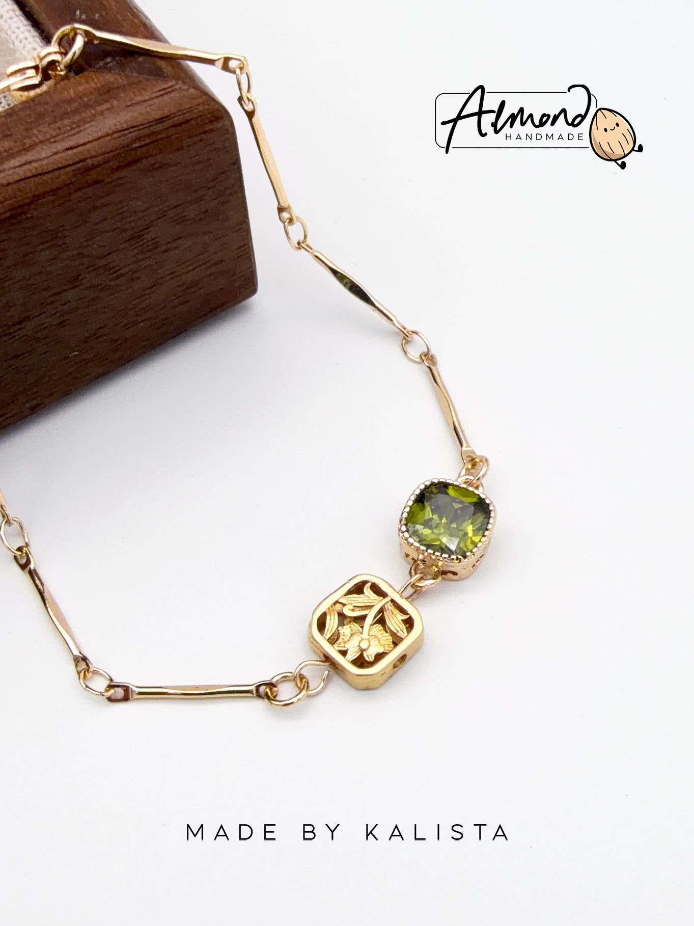 14K Real Gold Plated Olive Green Floral Bracelet