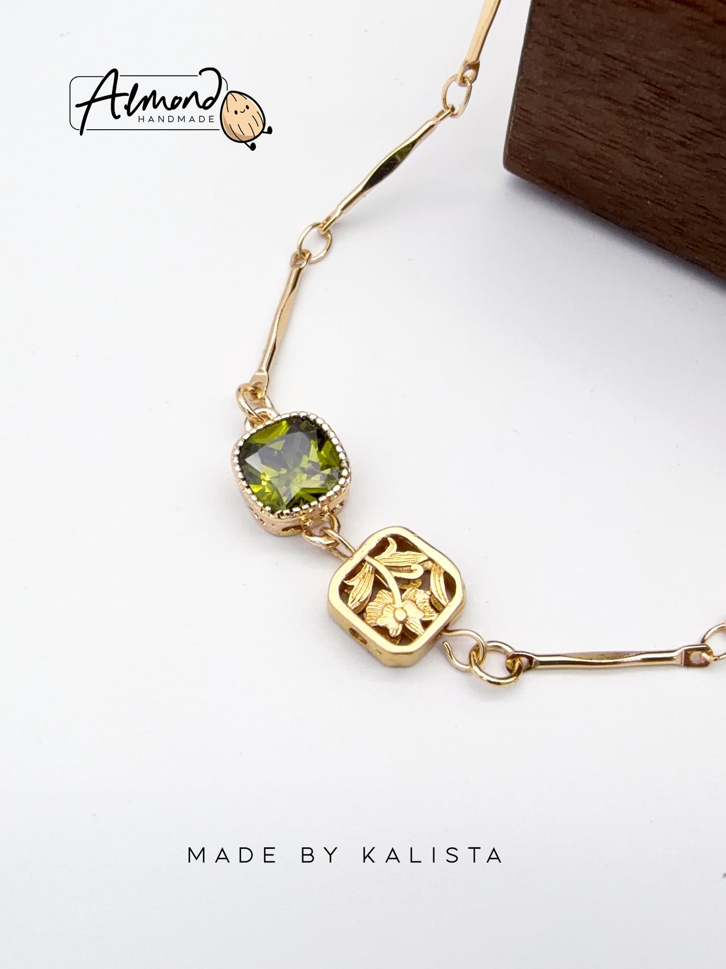 14K Real Gold Plated Olive Green Floral Bracelet