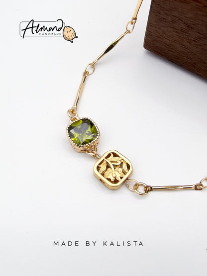 14K Real Gold Plated Olive Green Floral Bracelet